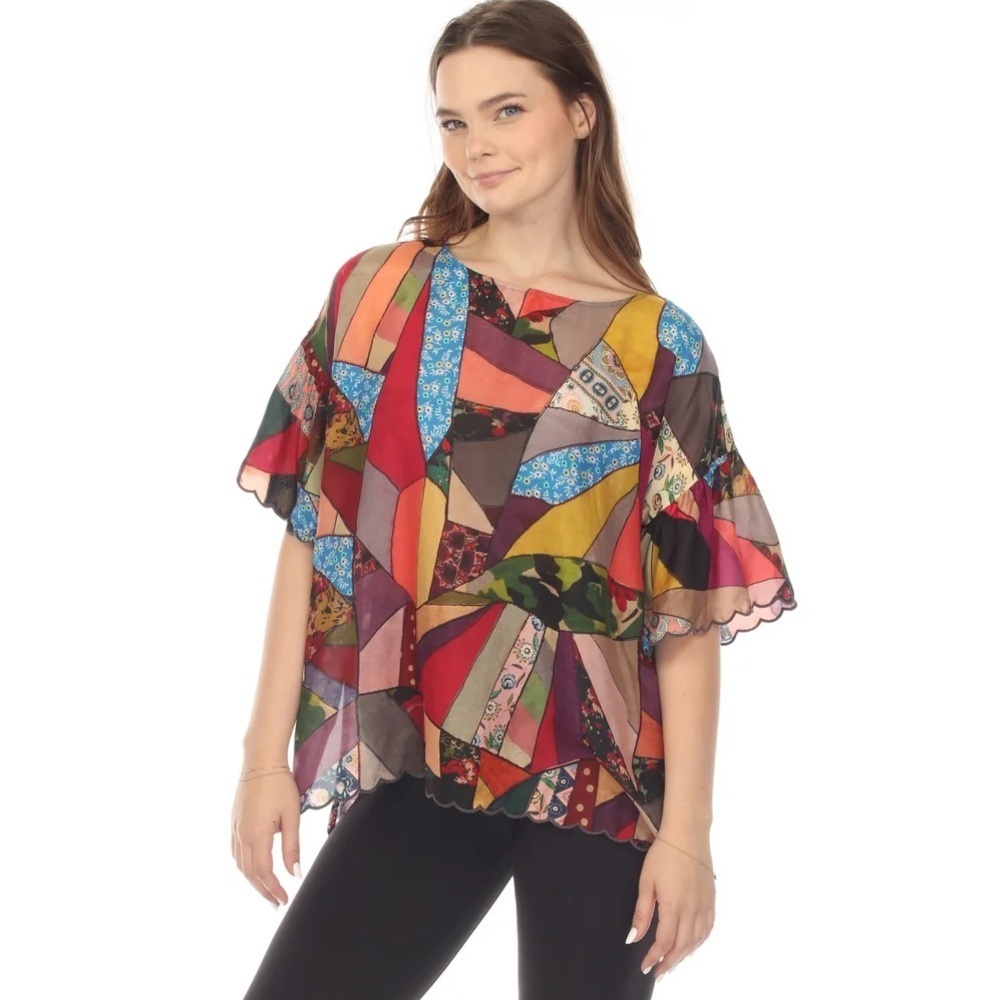 Johnny Was Eloise Silk
Patchwork Print Scalloped Blouse with Raffle Sleeves Boho